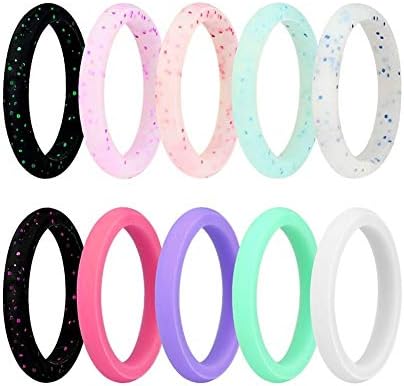 JINGRAYS 10-Pack Silicone Wedding Ring, Silicone Wedding Band for Women, Thin and Stackable Durable Comfortable Antibacterial Rubber Rings Band