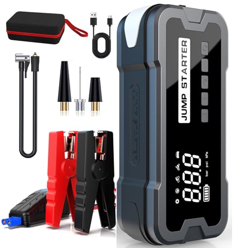 Arrancador de Coches con Compresor de Aire, 4000A 150PSI Arrancador Portátil de Batería de Coche, Arrancador de Emergencia con Cable de Puente de Seguridad Inteligente Visualización LCD Linterna