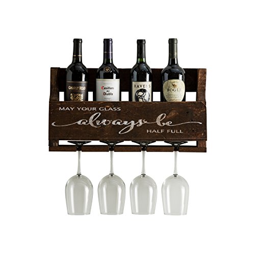 del Hutson Designs The Little Elm Wine Rack w/Quote 'May Your Glass Alway Be Half Full, USA Handmade Reclaimed Wood, Wall Mounted, 4 Bottle 4 Long Stem Glass Holder (Walnut)