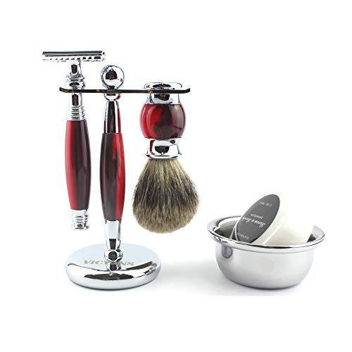 VICYUNS Luxury Grooming Shaving Set for Men Including Double-sided Razor, Allergy Shaving Soap, Stainless Steel Mirror Bowl, Hair Shaving Brush,10 Replacement Blades (Red)