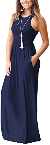 Womens Summer Sleeveless Racerback Loose Swing Casual Maxi Long Dresses with Pockets