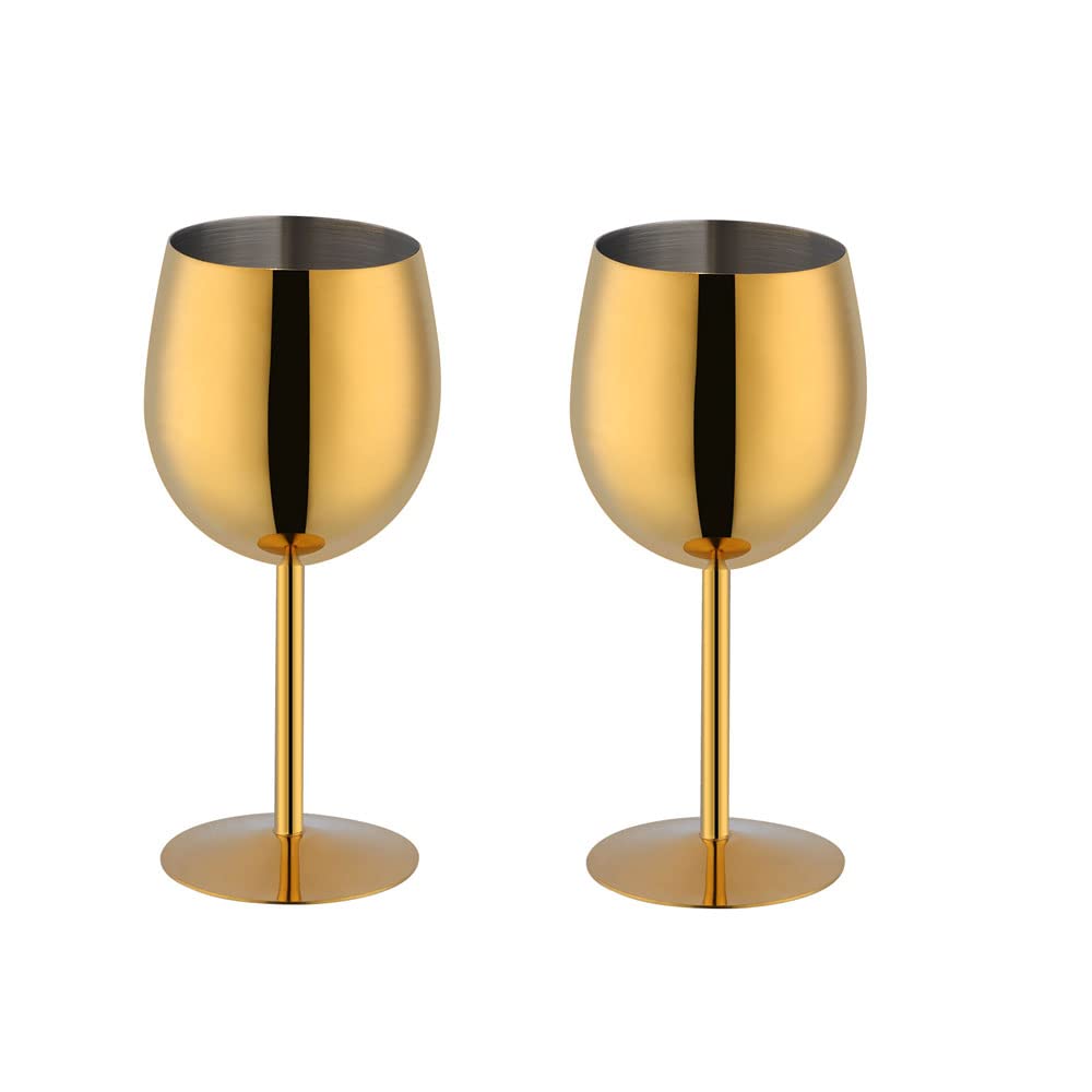 BISDARUN White Wine Glasses Set of 2 Red Wine Goblets 18/8 Stainless Steel 350ml Metal Goblet Glasses for Cocktail Champagne Whiskey Beer (Gold)