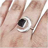 Natural Black Tourmaline Ring, Rough Tourmaline Crescent Moon Adjustable Ring, October, 925 Sterling Silver, Womens Ring, Christmas, Handmade, Statement Jewelry, Raw Gemstone Jewelry