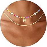 Colorful Beaded Initial Necklace Letter A-Z Pendant Necklace for Her Colorful Rainbow Choker Necklaces 18K Gold Plated Boho Summer Beach Freshwater Pearl beaded Necklaces for Christmas Birthday Gift