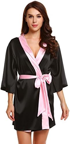 Women 3/4 Sleeve Patchwork Sleepwear Open Front Satin Robe with Belt