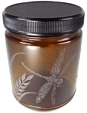 IncisoArt Hand Etched Decorative Jar Permanently Sandblasted (Sand Carved) Glass Handmade Custom Canister Screw-Top Lid (9 Ounce, Amber Dragonfly Grass)