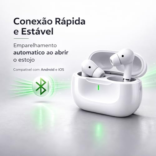 Fone de Ouvido Bluetooth 5.4 TWS Branco Sem Fio com Microfone, Controle Touch, Intra Auricular com Redução de Ruído, Estojo USB-C, Até 16h, Android e iPhone