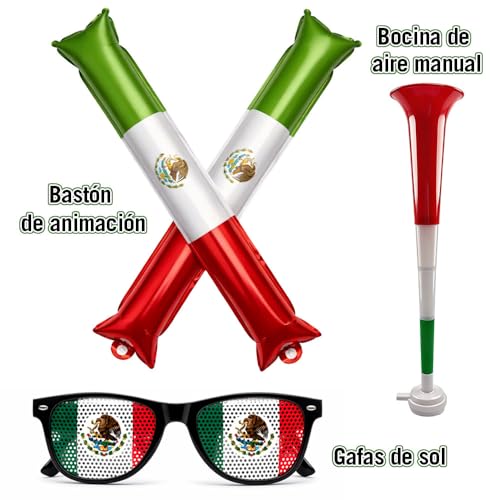 2026 Kit Fiesta Futbol Mundial 12PCS - Bastones Inflables, Bocina De Aire, Gafas De Sol Temáticas, Pintura Facial, Bufanda, Pulsera, Poster De Quiniela Mundial 2026, México, Para Reuniones, Bares