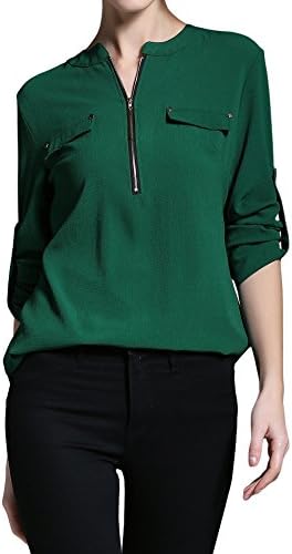 BALEMS Womens Casual Chiffon V Neck Cuffed Sleeve Blouse Tops,Small,Green