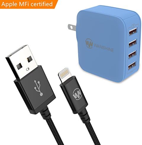 iPhone Wall Charger - 31W/6.2A, 4 Port Blue and Nylon Braided Lightning Cable, Apple MFi Certified - 3.3 Feet/1Meter, Black