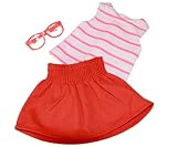 3 pc Colorful Outfit Set. Includes: Tank Top, Skirt and Glasses Color: Orange. Fits 18 Inch Dolls Clothes