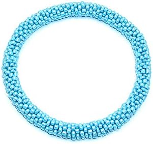 Roll On Hand Crocheted Glass Beaded - Seed Beads - Roll-on Bracelet in Cyan