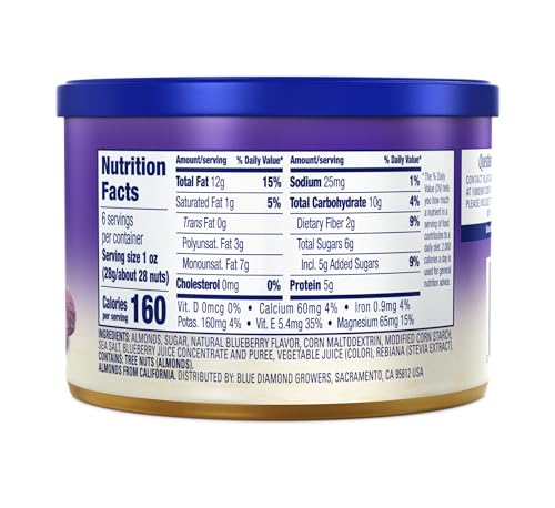 BLUE DIAMOND ALMONDS, CLASSIC BLUEBERRY FLAVORED SWEET SNACK NUTS PERFECT SIZE FOR ON-THE-GO, LUNCH, ADULTS AND KIDS, 6OZ CAN