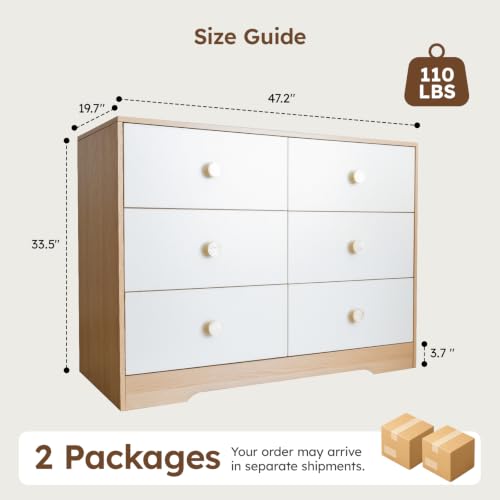 BERRY NEST Upgrade White Wood Dresser for Bedroom, 6 Drawer Dressers with Solid Wood Legs, Baby Dresser for Kids, Storage for Clothes and Baby Essentials