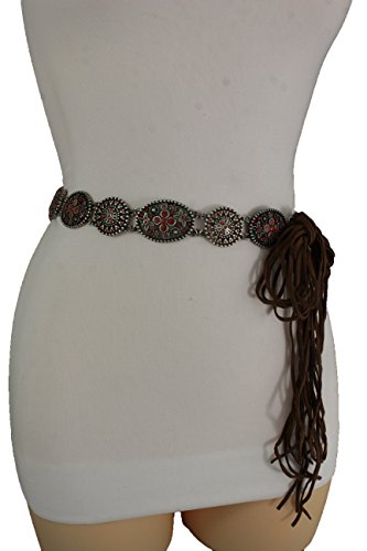 TFJ Women Fashion Brown Tie Belt Bohemian Vintage Silver Metal Charms Red Flower S M
