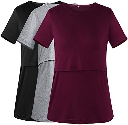 PrettyLife Women's Maternity Nursing Tops Short Sleeve Double Layered Breastfeeding T-Shirts 3-Pack
