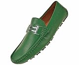 Amali Mens Driving Moccasin Loafer in Perforated Smooth with Silver Double Bar Ornament in Green: Style Harry Green-015
