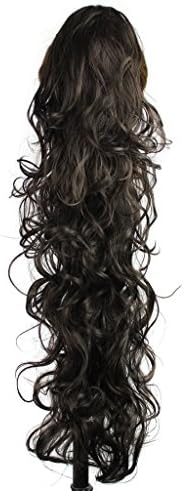 25" 220g Prime Claw Curly Wave Synthetic Ponytail Hair Extension Heat Resistant Handy Jaw Pony Tail Hairpiece Darkest Brown (#2) with a Jaw/Claw Clip for Girl Lady Woman