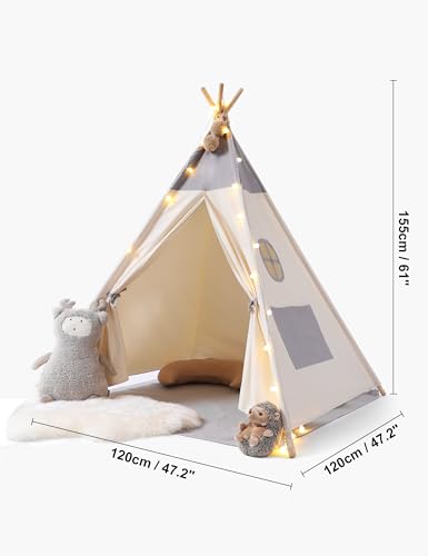besrey Children's Play Tent Indian Canvas Teepee Cotton with Fairy Lights + Matt Grey