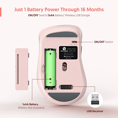 RAPIQUE Wireless Mouse, 2.4G Silent Computer Mice with USB Receiver & Type-C Adapter, Portable Mobile Optical Cordless Mouse for Laptop, PC, Desktop, MacBook, 3 DPI Adjustment Levels (Pink)