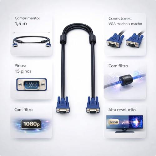 Cabo Vga 1,5m Macho X Macho Com Filtro Para Monitor Pc Tv Projetor Notebook 15 Pinos Conexão Estável Imagem Nítida Compatível Com Tela Externa Uso Residencial Profissional Full HD