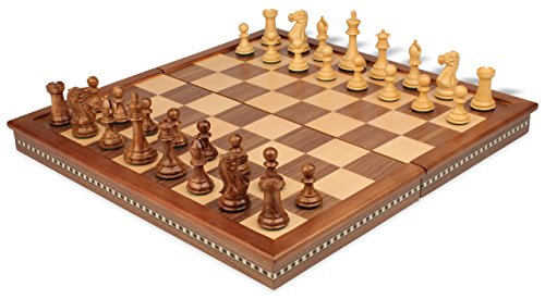 New Exclusive Staunton Chess Set in Golden Rosewood & Boxwood with Walnut Folding Chess Case - 3" Ki