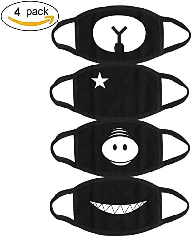 Mouth Mask,MagicFour Anti Dust Anime Masks Cotton Mask,Panda Star Pig Teeth Fashion Pattern Black Mouth Mask for Kids Boys Girls Men Women-4 Pack