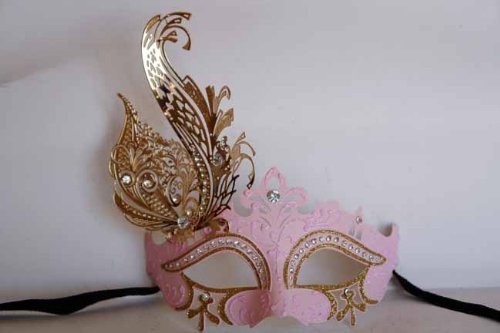 Laser Cut Venetian Royal Swan Princess Inspired Masquerade Mask - Finely Decorated and Intricately Detailed - Gold and Pink