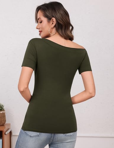 Totatuit Women's Cotton Fitted Short Sleeve Off Shoulder Top Sexy Y2K Solid Spring and Summer T-Shirt