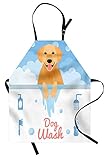 Ambesonne Golden Retriever Apron, Dog Washing in Bathtub Cartoon Foam and Soap Hygiene, Unisex Kitchen Bib Apron with Adjustable Neck for Cooking Baking Gardening, Pale Blue Pale Orange Coral