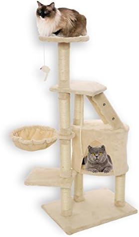 FirstWell Cat Trees - Kitty Condos Tower Furniture, Kitten Climb Stand, with Scratching Post, Natural Sisal Ropes, Hanging Toy, Perch, Nest, 47.25 Inches, Beige