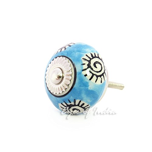 Eyes of India - Set of 2 Blue Black Ceramic Cupboard Cabinet Dresser Door Knobs Pulls Shabby Chic Decorative Colorful Boho Bohemian Accent Handmade
