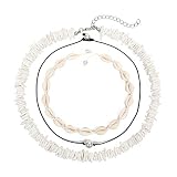 Puka Shell Necklace for Women Men Boho Tropical Hawaiian Beach Puka Chips Shell Surfer Choker Necklace Jewelry (3 Strands Choker Set)