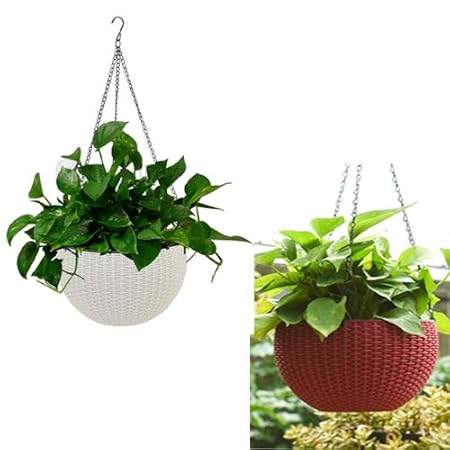 Generic (White and Maroom) 2 pcs Round Plastic Resin Chain Basket Hanging Planter Hanging Flowers and Plants,Growers