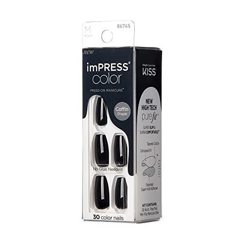 KISS imPRESS No Glue Mani Press On Nails, Color, 'All Black', Black, Medium Size, Coffin Shape, Includes 30 Nails, prep pad, mini nail file, manicure stick - Image 14