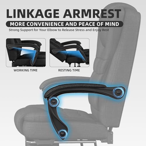 SITMOD Executive Office Chair with Footrest, Pocket Spring Fabric Desk Chair, High Back Thick Padding Computer Chair with Linkage Armrests, 90-150° Reclining Ergonomic Task Chair, Black