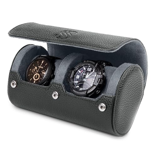 2 Watch Travel Case for Men – Sleek Faux Leather Organizer for Smart & Luxury Timepieces - Portable Travel Watch Holder - Ideal Gift for Men with Premium Gift box (Black & Grey)