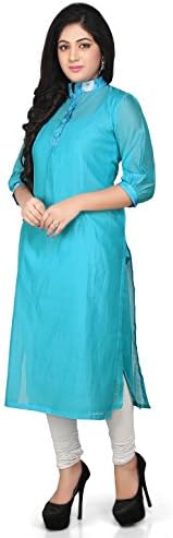Utsav Fashion Plain Cotton Chanderi Long Kurta in Turquoise