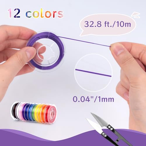 VGOODALL 12 Rolls Flat Elastic String Cord, Multicolor Knot Elastic String with U Scissors for Jewelry Making Bracelet Making