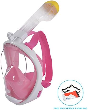 Full Face Snorkel,GOLDEN V Diving Panoramic View Mask with Anti-Fog Lenses,+phone Waterproof Pouch for adult (White+Pink, M)