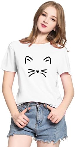 PINJIA Womens Cute Letter Printed Graphic Funny Tshirts Top Tees(MX15)(L, White Cat)