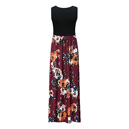 Womens Long Maxi Dress, Striped Straight Sleeveless Tank Party Floral Casual Summer Party Dress (S, Red)