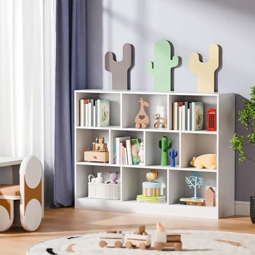 Librero de 10 Compartimentos, 3 Repisas Librero Organizador, Librería Vertical de Pie, Librería Cubby Sencilla Blanco Para Exposición, Almacenaje, para Sala,Oficina,Dormitorio, 120*104*24 CM