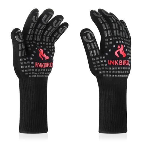 INKBIRD BBQ Gloves 800°C Extreme Heat Resistant Grill Gloves, Insulated Grilling Mitts for Kitchen Cooking, Baking, Smoking Use, Non-Slip Silicone, 14cm Long Arm Protection, Comfortable Cotton Lining