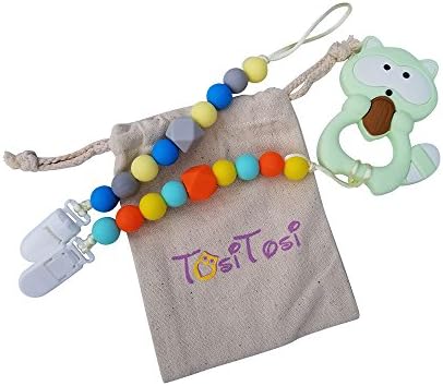 Baby Infant Teething Chew Toy and 2 Pacifier Clips Set By TosiTosi - BPAFree Food Grade Silicone Teether - Durable Holder Clips With Colorful Beads Ideal For Boys and Girls - Storage Bag Included