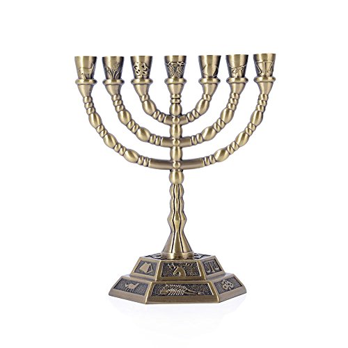 12 Tribes of Israel Menorah, Jerusalem Temple 7 Branch Jewish Candle Holder (5 Inches, Coppery)