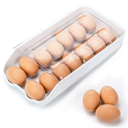 HANSGO Egg Holder for Refrigerator, Automatic Rolling Egg Dispenser Egg Storage Box with Lid 14 Count Egg Organizer for Kitchen Refrigerator