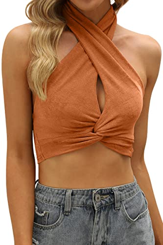 WOMEN GOING OUT CRISS CROSS PARTY SEXY WRAP HALTER NECK CUTE TRENDY CROP TANK CORSET TOP ORANGE