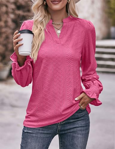 AMORETU LONG SLEEVE TOPS FOR WOMEN VNECK BLOUSE LOOSE CASUAL TSHIRTS, ROSE L
