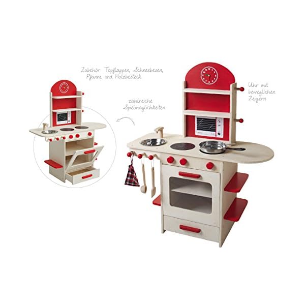 roba Spielküche, Holzküche natur, rot, Kinderspielküche mit Herd, Spüle, Wasserhahn & Regal – Bild 7